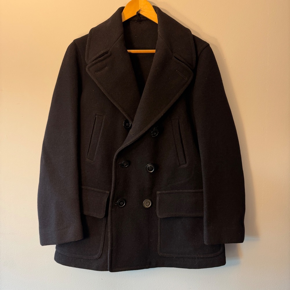 Vintage 1930s Tailor Made Wool Peacoat Black Double Breasted Heavy Jacket M